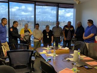 Pictured with the Elders are Police Chief Darcy Fleury, S/Sgt. Jason Anderson, Community Inclusion Team Coordinator Jan Ritchie, and Indigenous Liaison Officer Cst. Bob Simon.